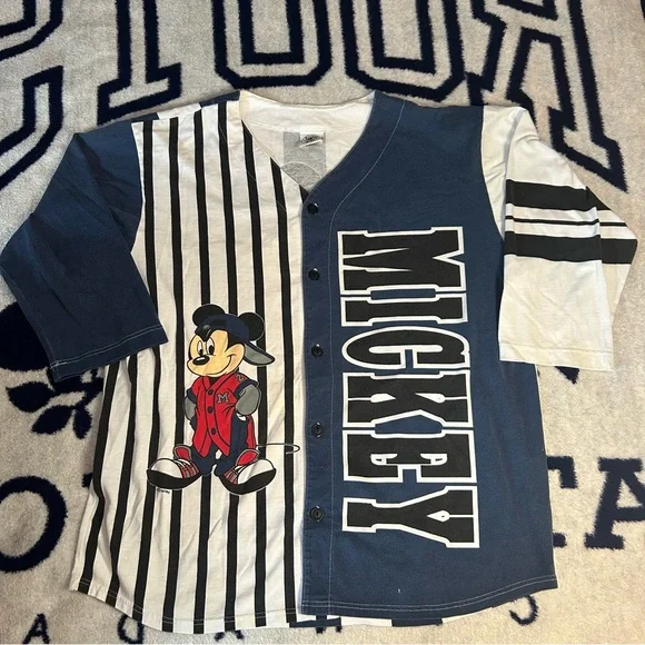Vintage Mickey Mouse Baseball Style Shirt Disney Large Button Down Blue & White - Picture 1 of 9